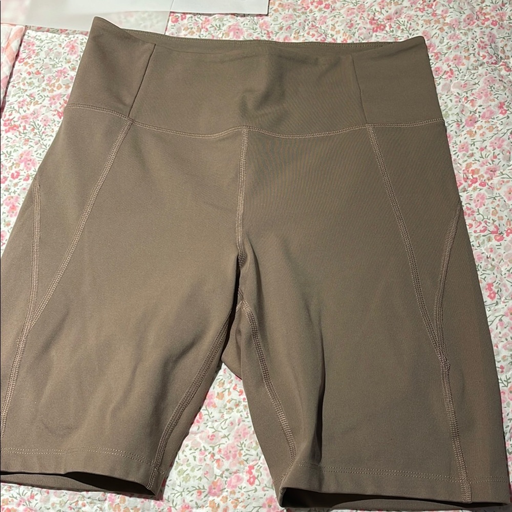 Girlfriend Collective Tan Bike Shorts with Stretchy Fabric and Wide Waistband